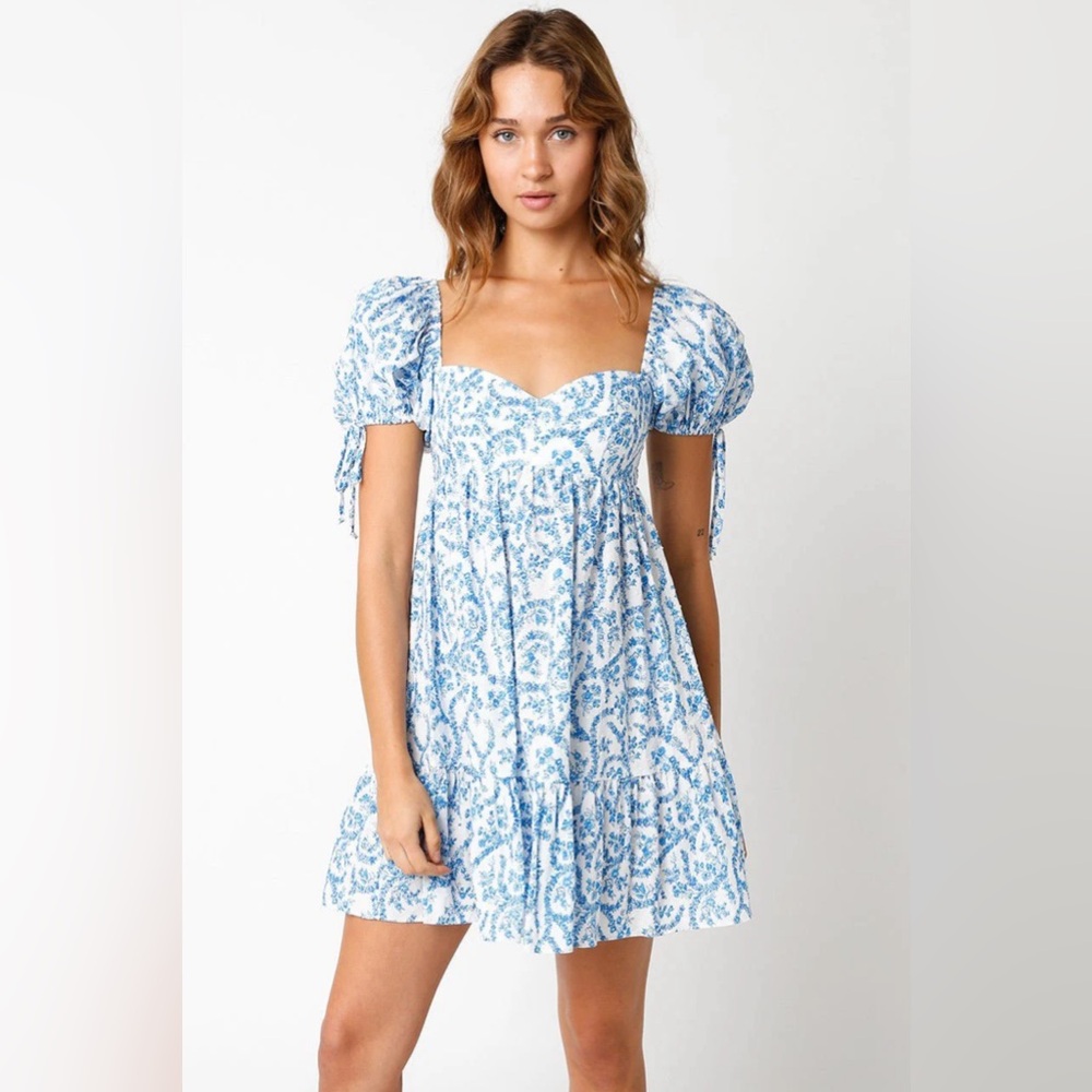 White and Blue Floral Short Sleeve Babydoll Mini Dress